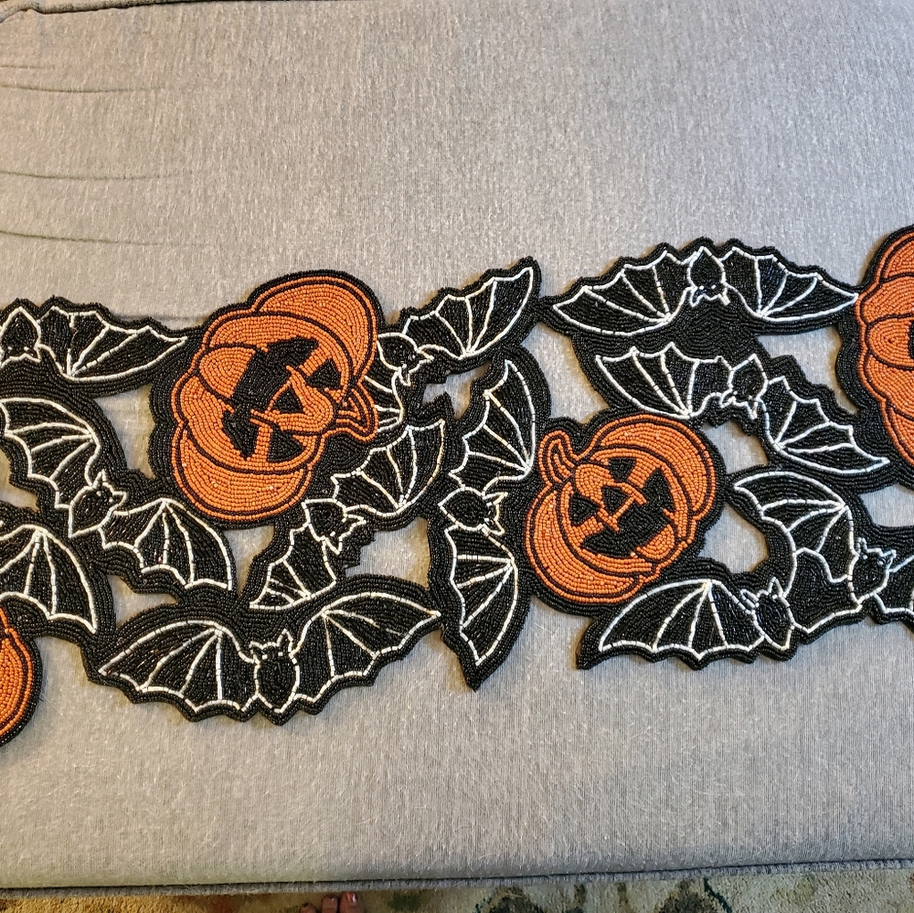 Beaded Pumpkin Bat Black and Orange Table Runner